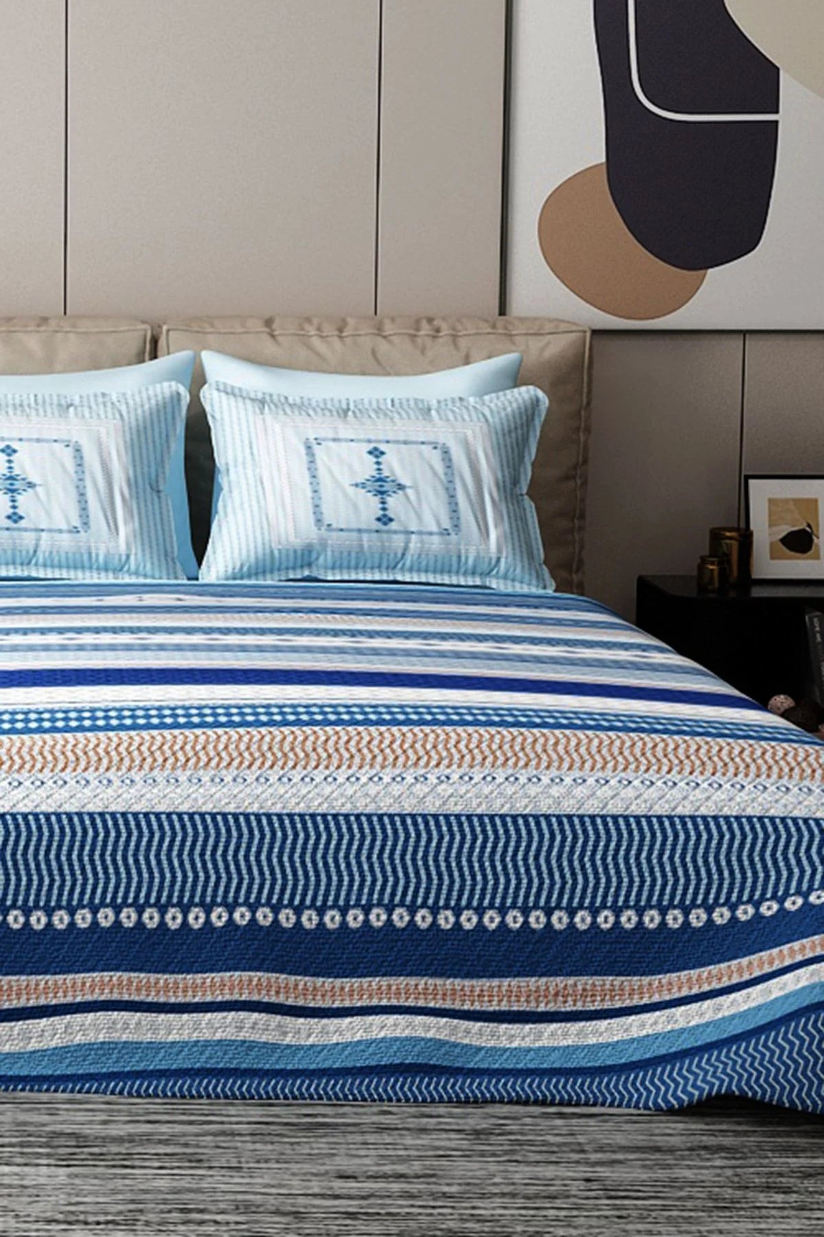 Pike Takımı Pamuklu Çift Kişilik Jakar Dokuma Yatak Örtüsü Blue Deep