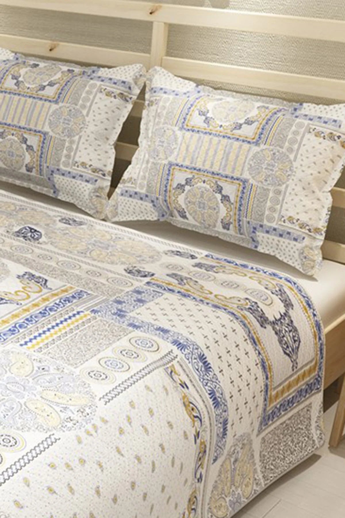 Pike Takımı Pamuklu Çift Kişilik Jakar Dokuma Yatak Örtüsü Blue Patchwork