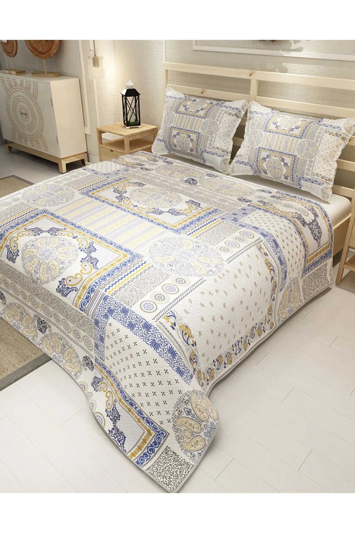 Pike Takımı Pamuklu Çift Kişilik Jakar Dokuma Yatak Örtüsü Blue Patchwork