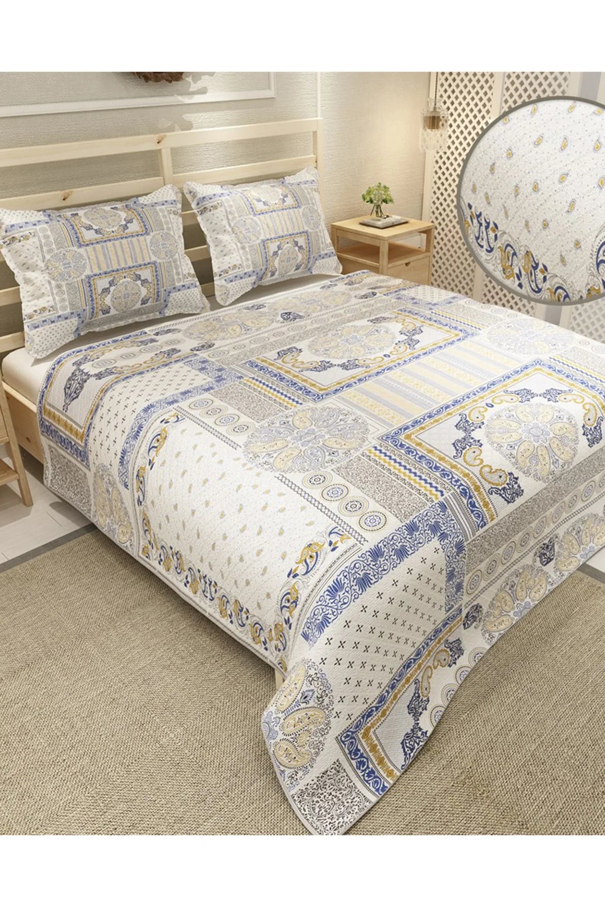 Pike Takımı Pamuklu Çift Kişilik Jakar Dokuma Yatak Örtüsü Blue Patchwork