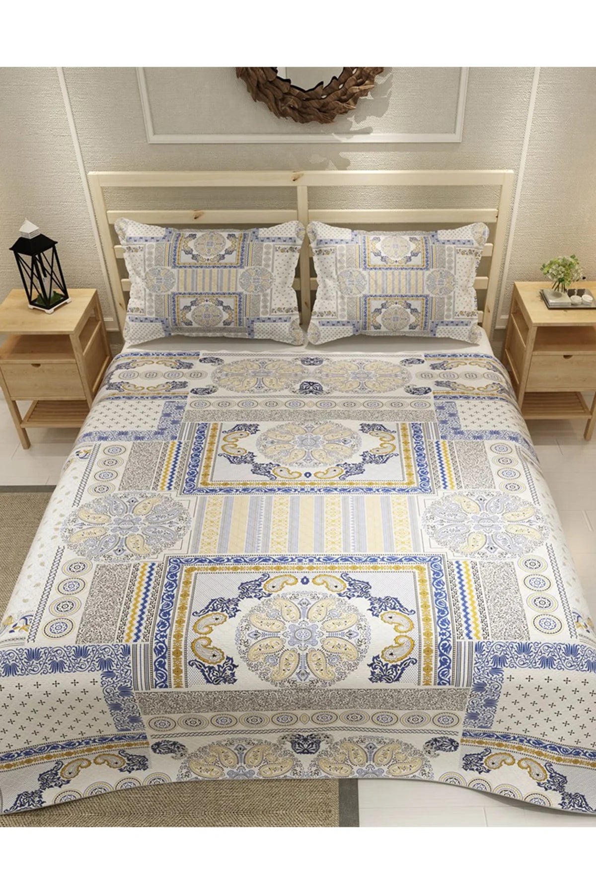 Pike Takımı Pamuklu Çift Kişilik Jakar Dokuma Yatak Örtüsü Blue Patchwork