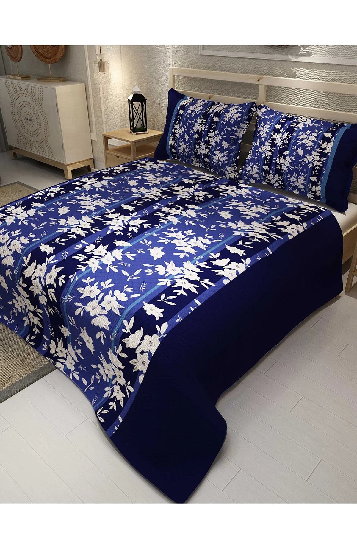 Pike Takımı Pamuklu Çift Kişilik Jakar Dokuma Yatak Örtüsü Blue Stripe