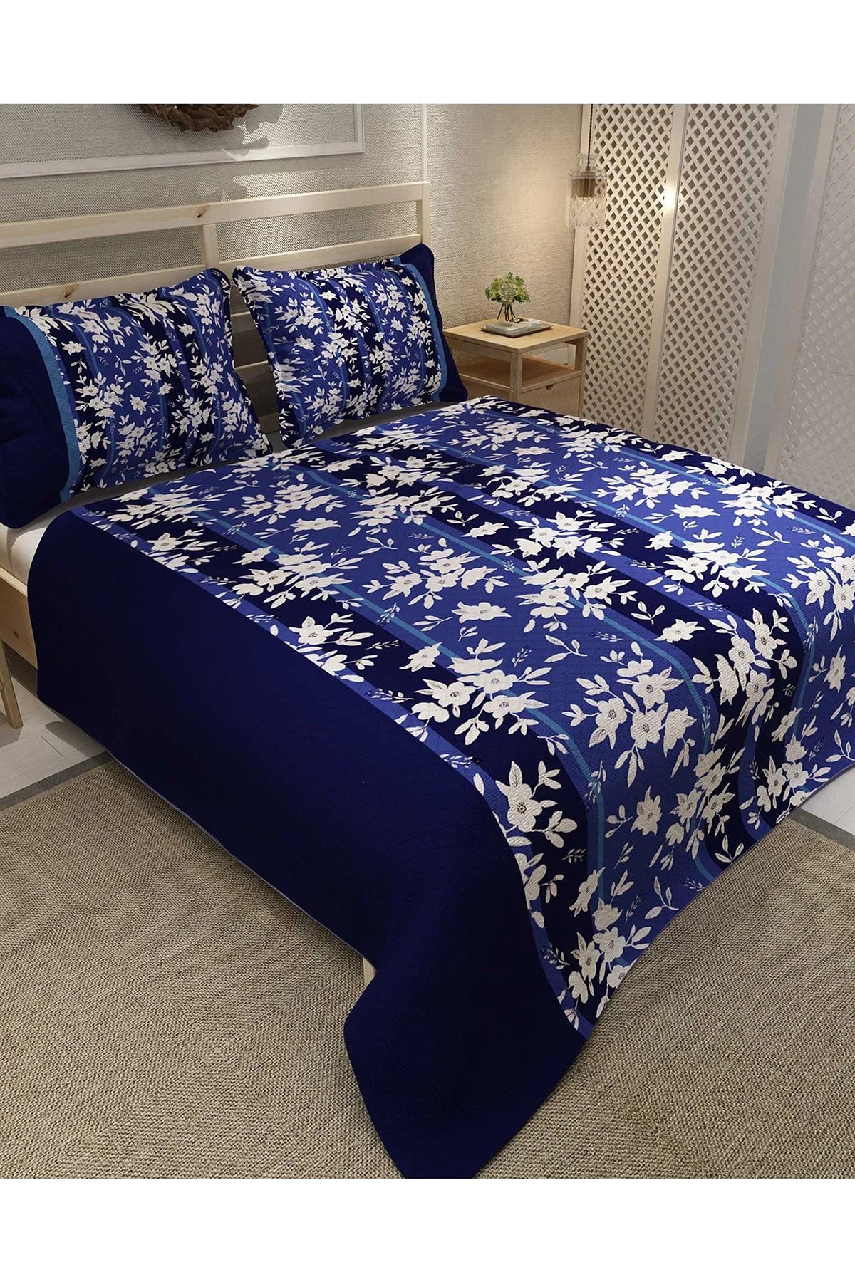 Pike Takımı Pamuklu Çift Kişilik Jakar Dokuma Yatak Örtüsü Blue Stripe