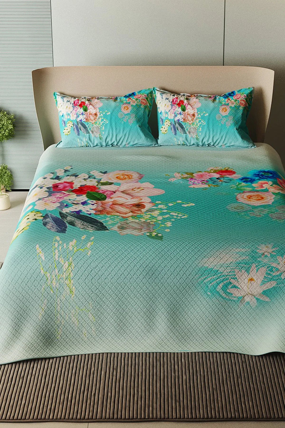 Pike Takımı Pamuklu Çift Kişilik Jakar Dokuma Yatak Örtüsü Çiçekli Turkuaz