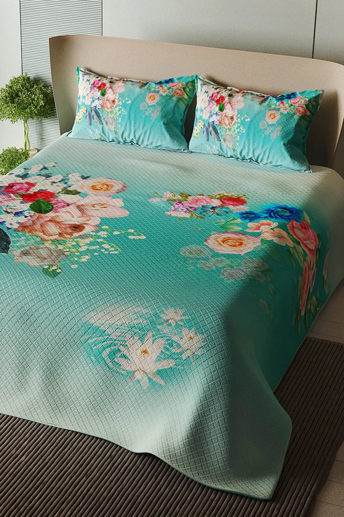 Pike Takımı Pamuklu Çift Kişilik Jakar Dokuma Yatak Örtüsü Çiçekli Turkuaz