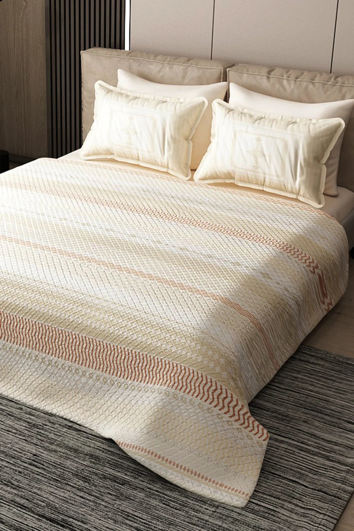Pike Takımı Pamuklu Çift Kişilik Jakar Dokuma Yatak Örtüsü Cream Deep