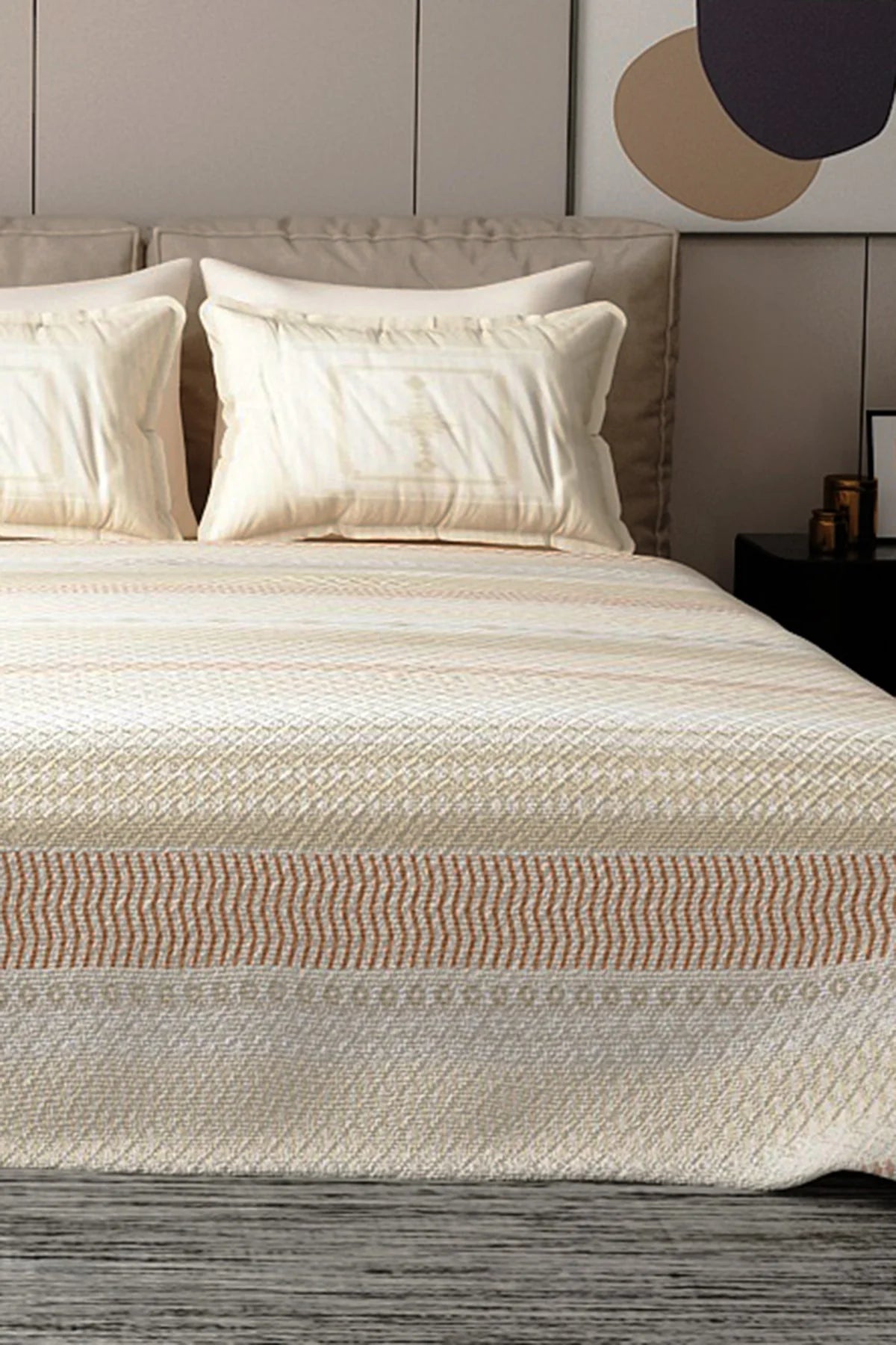 Pike Takımı Pamuklu Çift Kişilik Jakar Dokuma Yatak Örtüsü Cream Deep