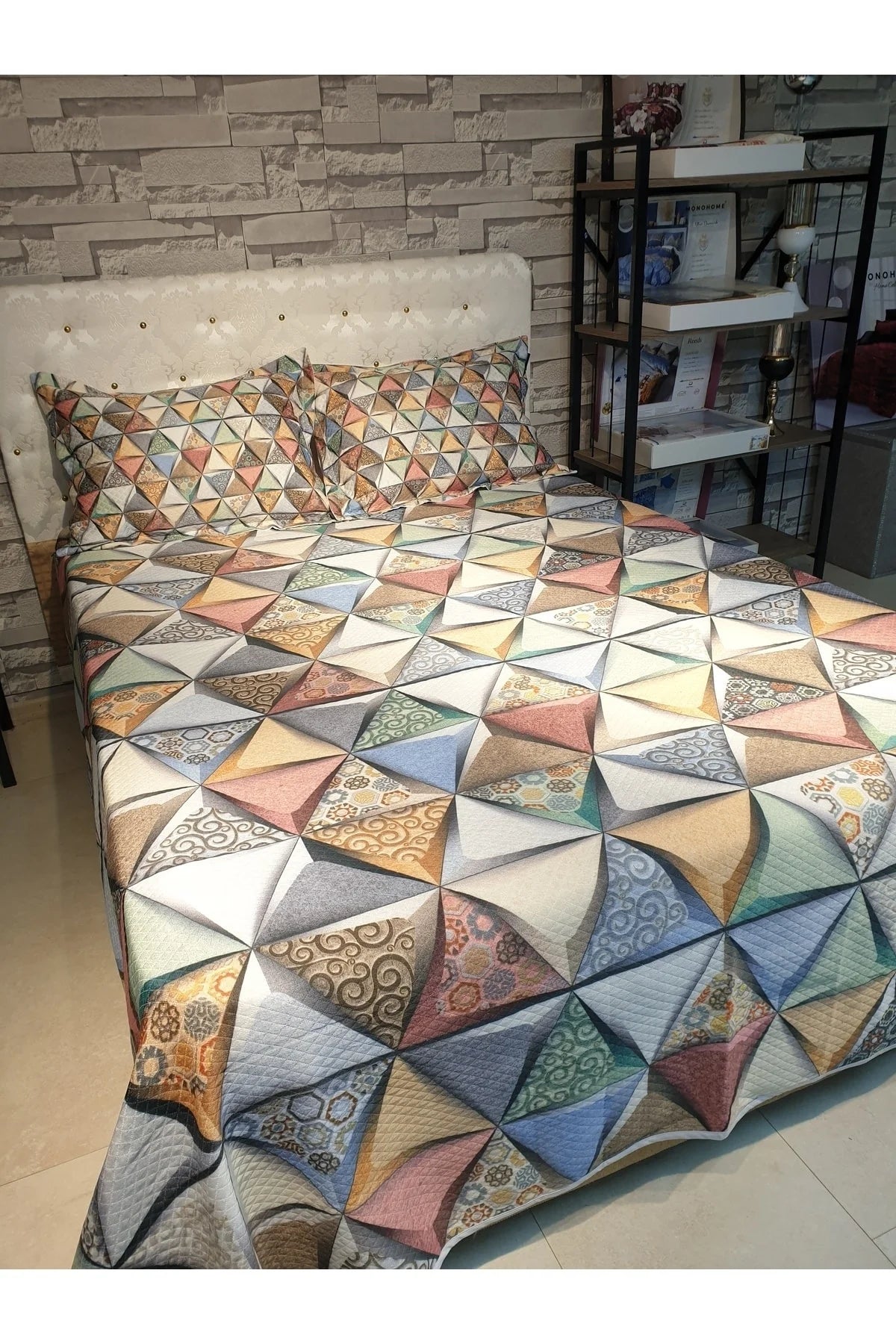 Pike Takımı Pamuklu Çift Kişilik Jakar Dokuma Yatak Örtüsü Deep Triangle