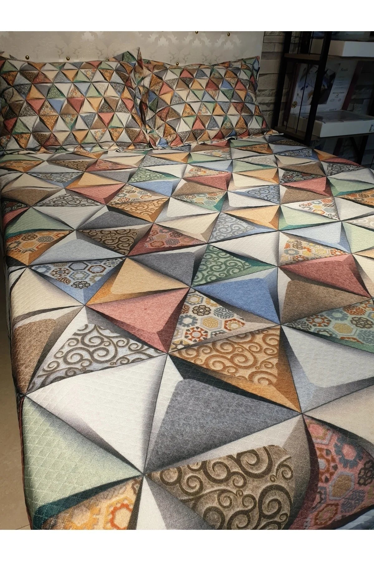 Pike Takımı Pamuklu Çift Kişilik Jakar Dokuma Yatak Örtüsü Deep Triangle