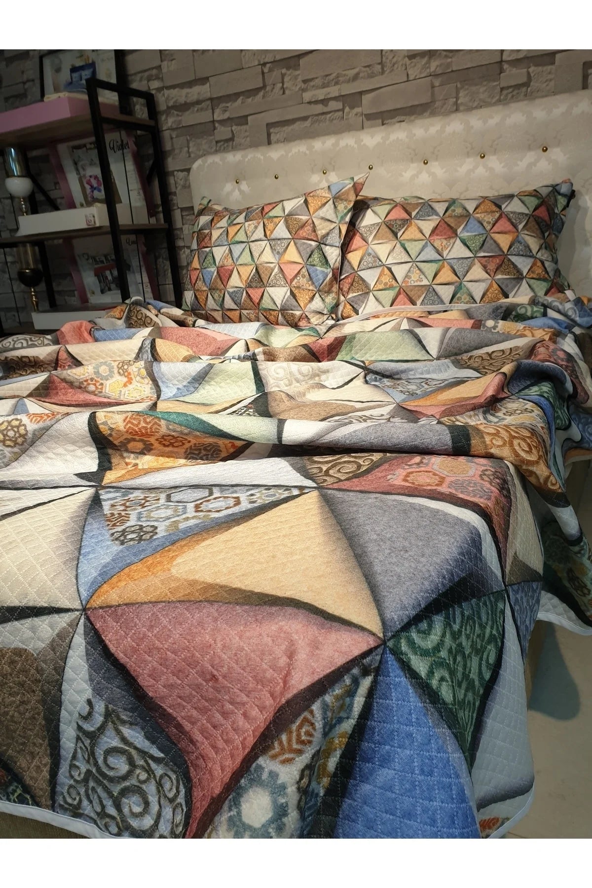 Pike Takımı Pamuklu Çift Kişilik Jakar Dokuma Yatak Örtüsü Deep Triangle