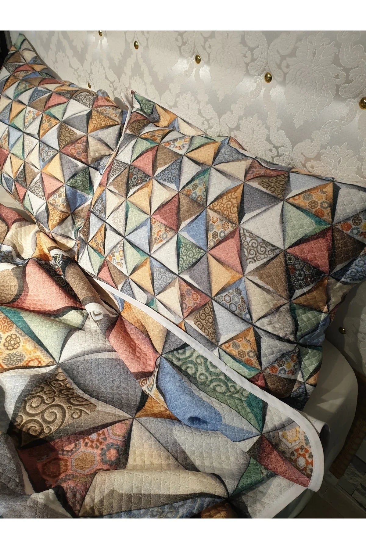 Pike Takımı Pamuklu Çift Kişilik Jakar Dokuma Yatak Örtüsü Deep Triangle