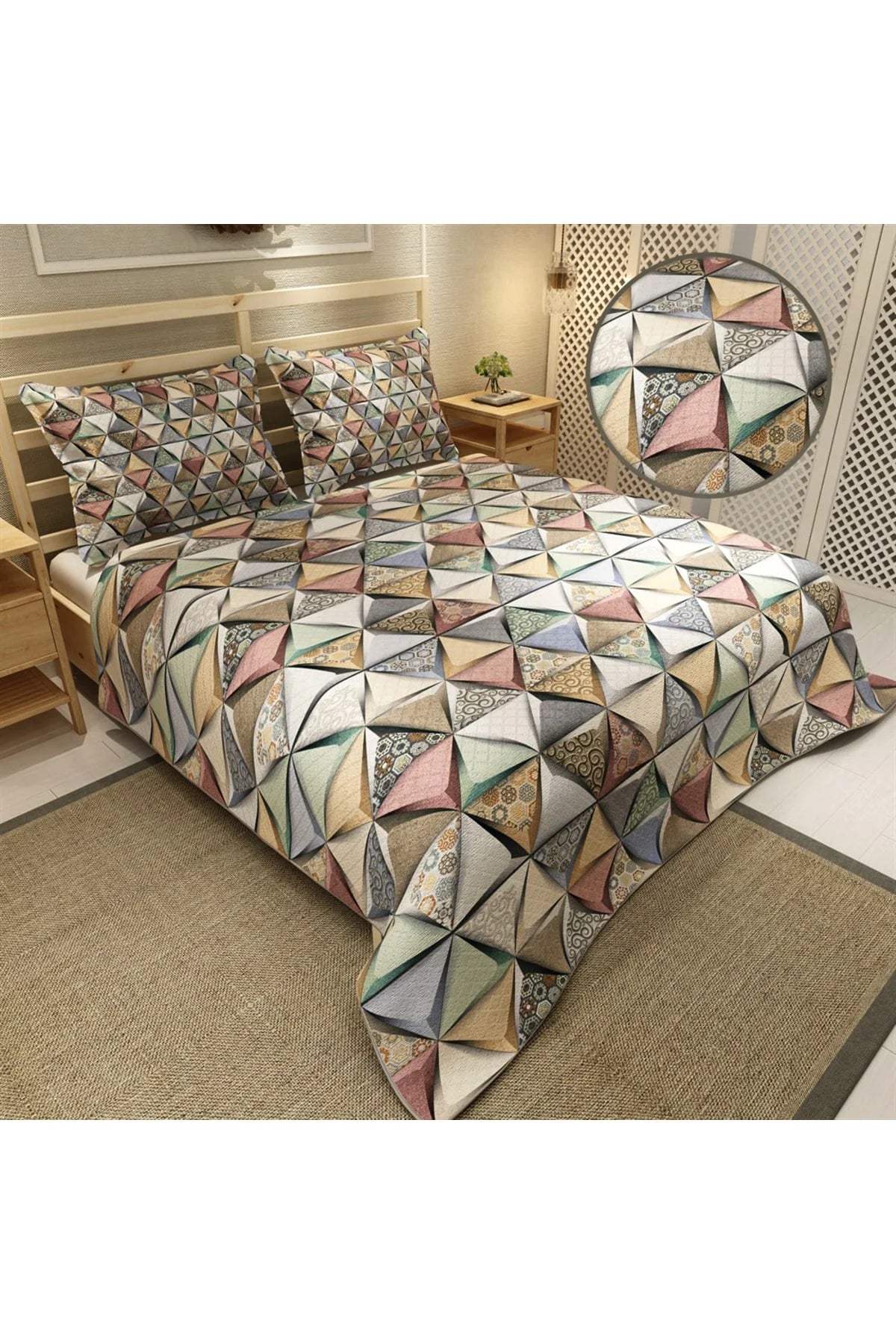 Pike Takımı Pamuklu Çift Kişilik Jakar Dokuma Yatak Örtüsü Deep Triangle