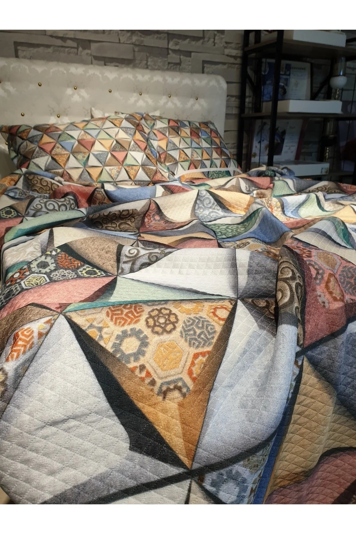 Pike Takımı Pamuklu Çift Kişilik Jakar Dokuma Yatak Örtüsü Deep Triangle