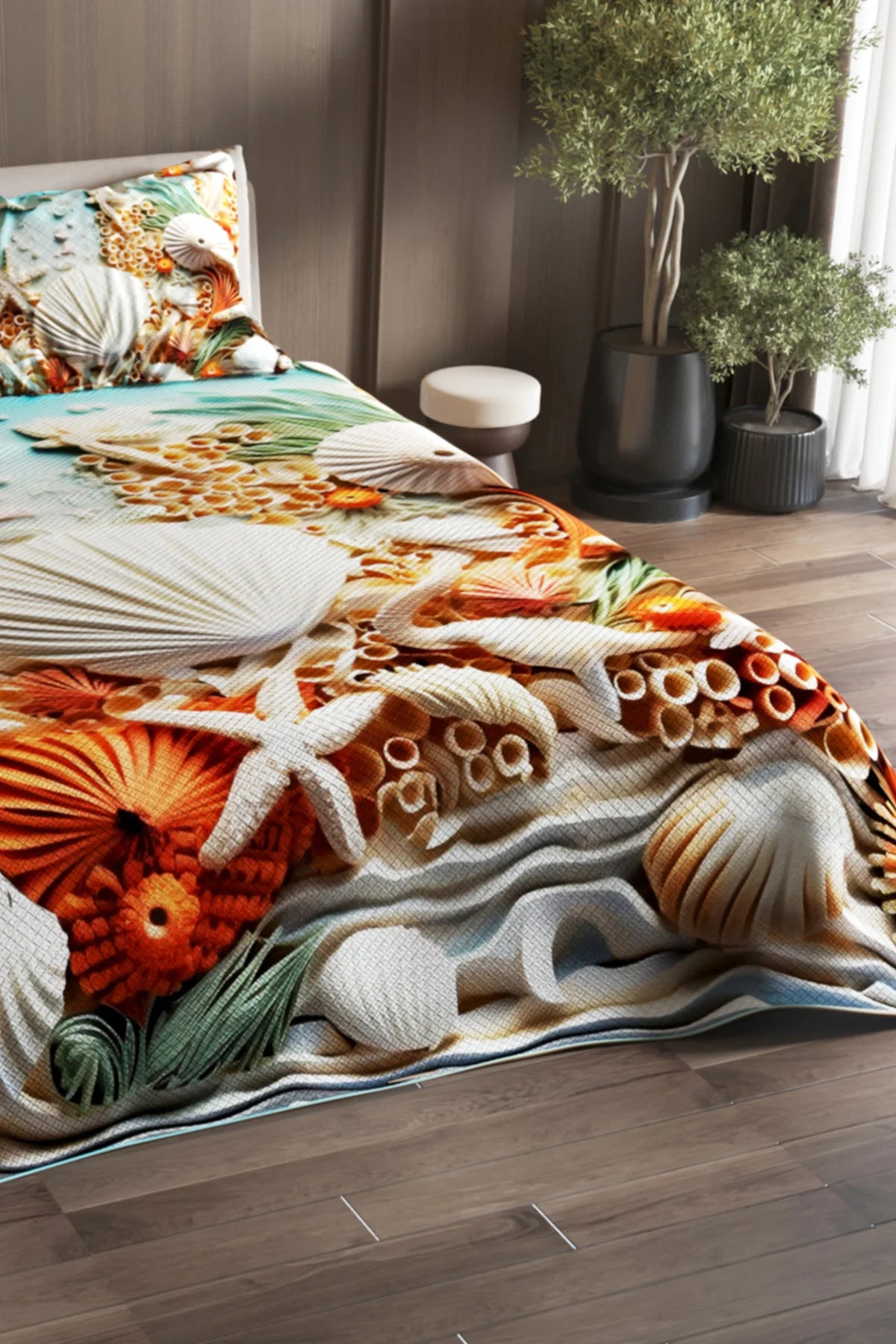 Pike Takımı Pamuklu Çift Kişilik Jakar Dokuma Yatak Örtüsü Deniz dekorasyonu