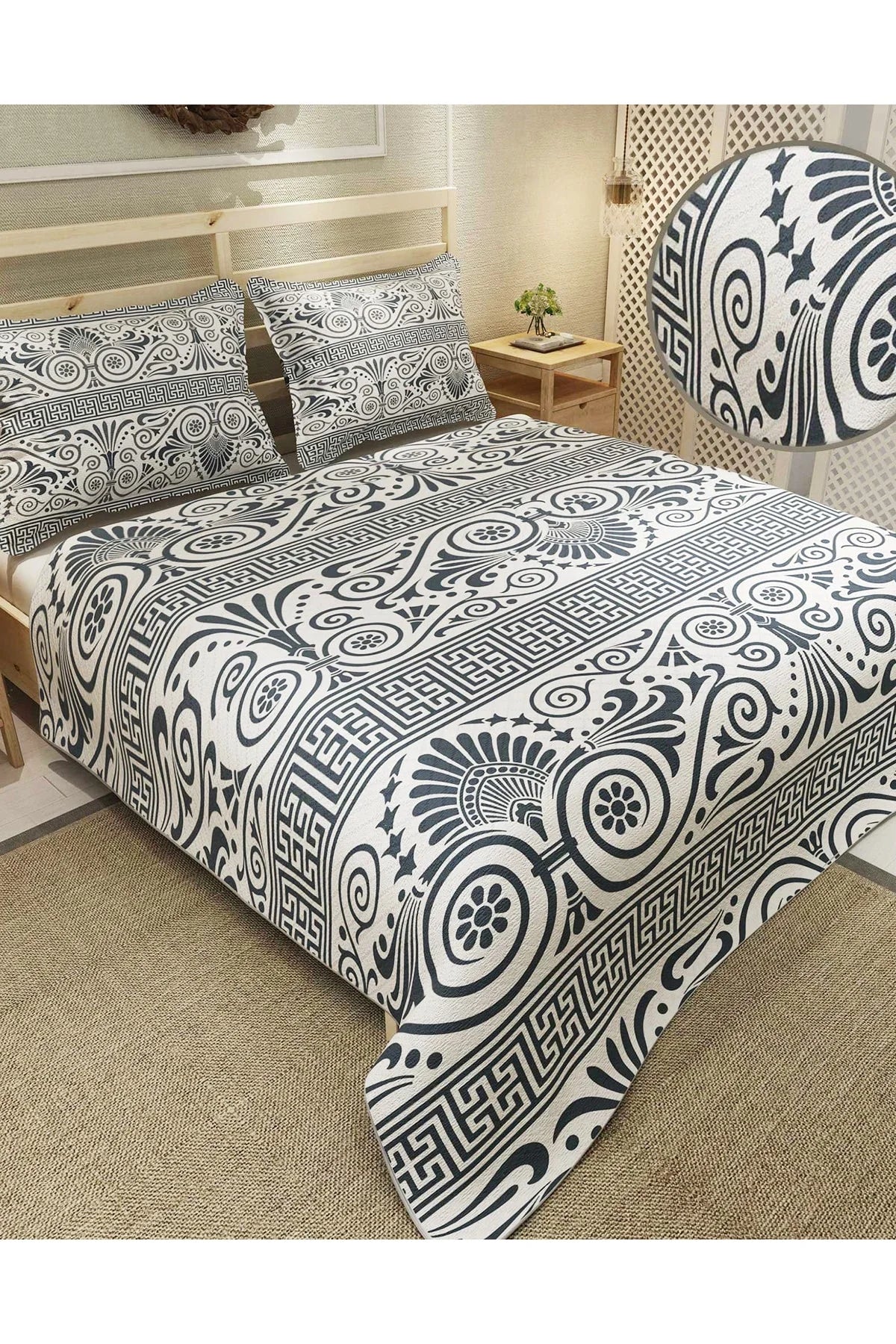 Pike Takımı Pamuklu Çift Kişilik Jakar Dokuma Yatak Örtüsü Ethnic Design