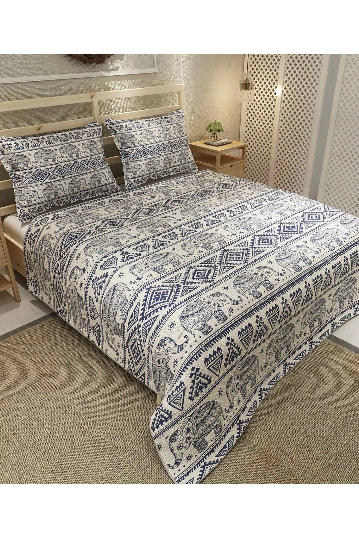 Pike Takımı Pamuklu Çift Kişilik Jakar Dokuma Yatak Örtüsü Ethnic Elephant