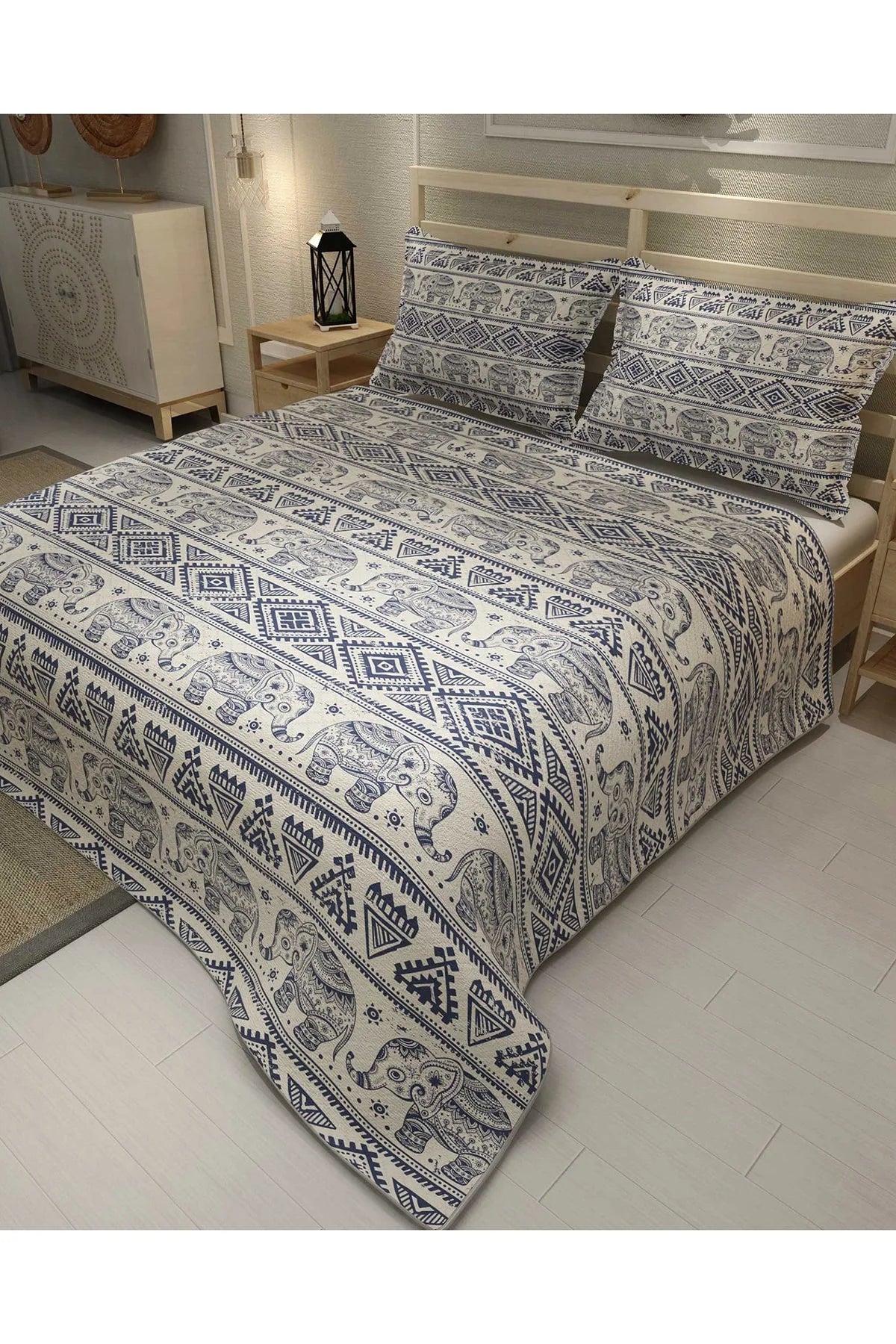 Pike Takımı Pamuklu Çift Kişilik Jakar Dokuma Yatak Örtüsü Ethnic Elephant