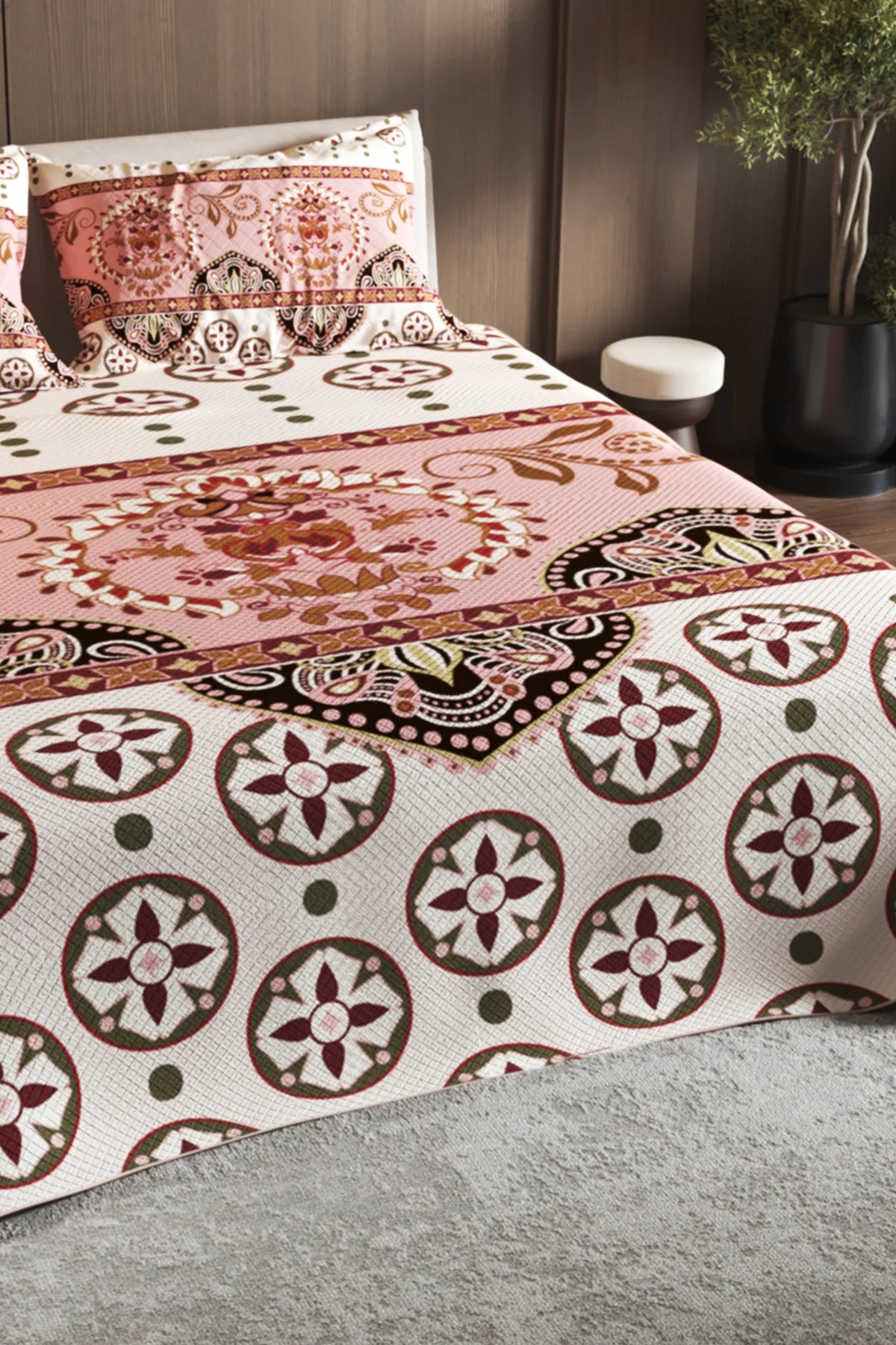 Pike Takımı Pamuklu Çift Kişilik Jakar Dokuma Yatak Örtüsü Ethnic Motif