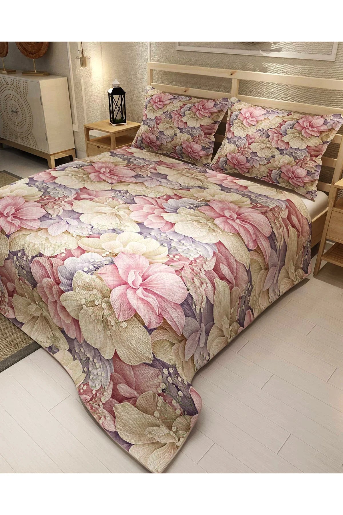 Pike Takımı Pamuklu Çift Kişilik Jakar Dokuma Yatak Örtüsü Flowers Coverlet