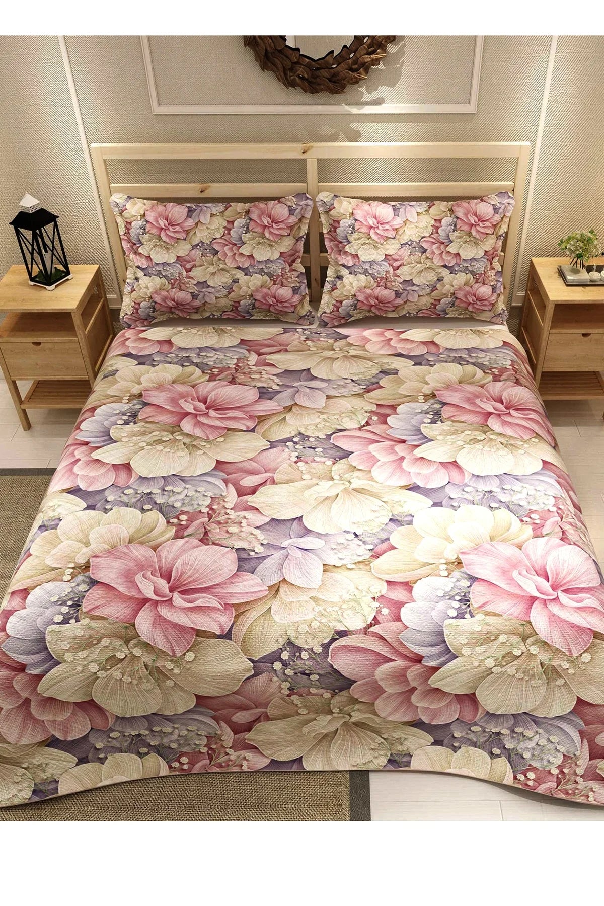 Pike Takımı Pamuklu Çift Kişilik Jakar Dokuma Yatak Örtüsü Flowers Coverlet