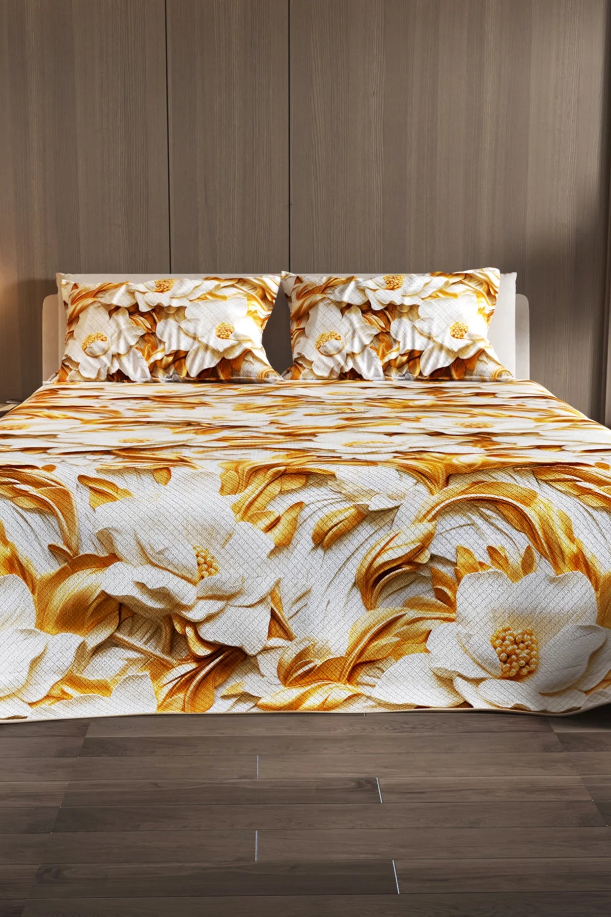 Pike Takımı Pamuklu Çift Kişilik Jakar Dokuma Yatak Örtüsü Gold