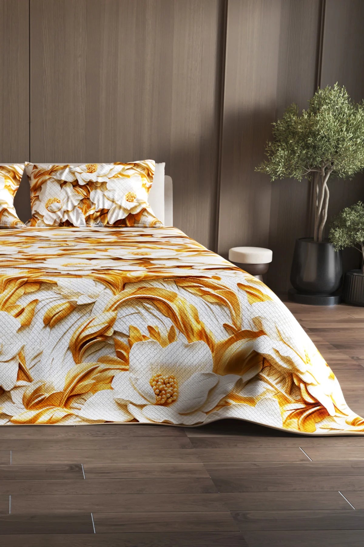 Pike Takımı Pamuklu Çift Kişilik Jakar Dokuma Yatak Örtüsü Gold