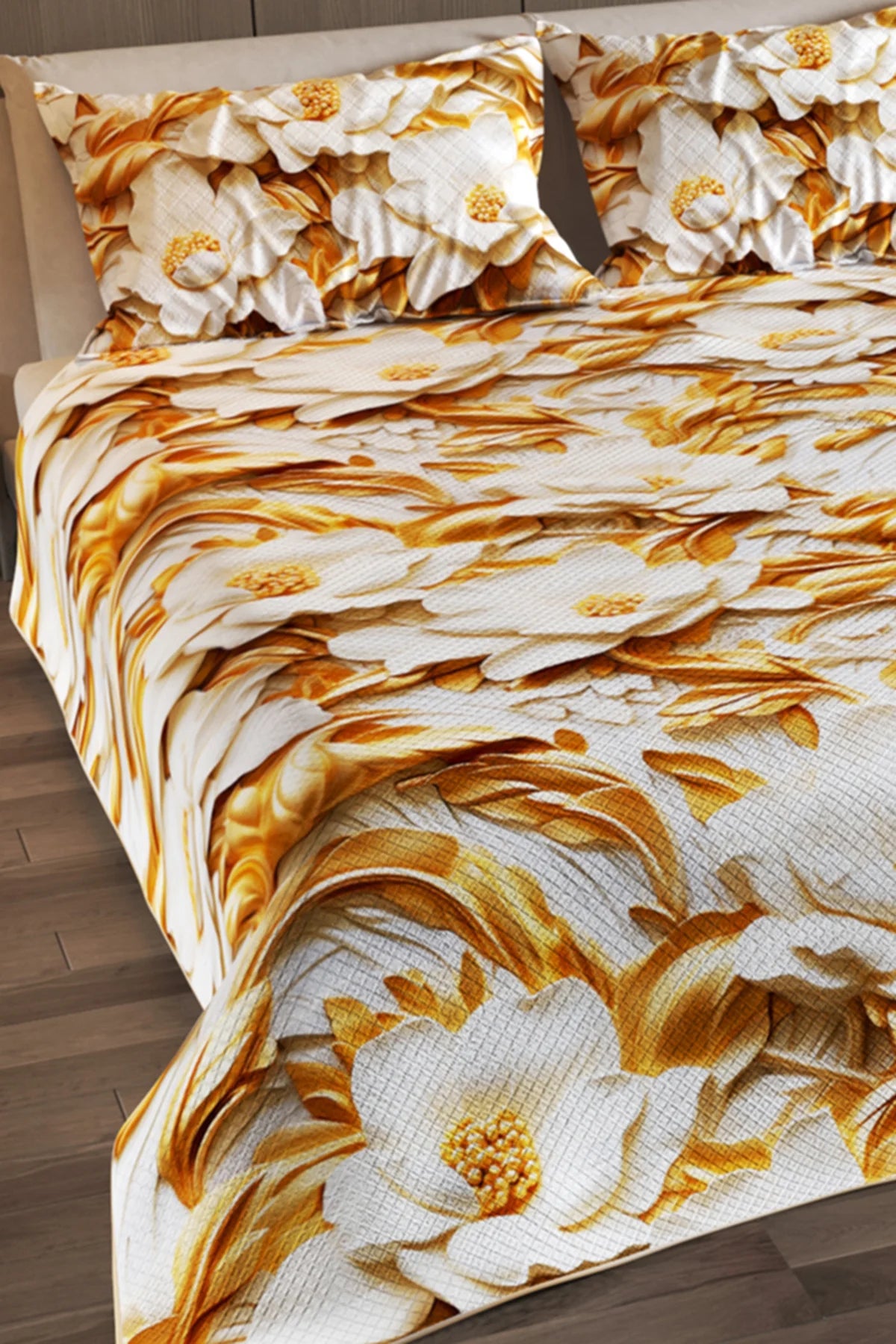 Pike Takımı Pamuklu Çift Kişilik Jakar Dokuma Yatak Örtüsü Gold