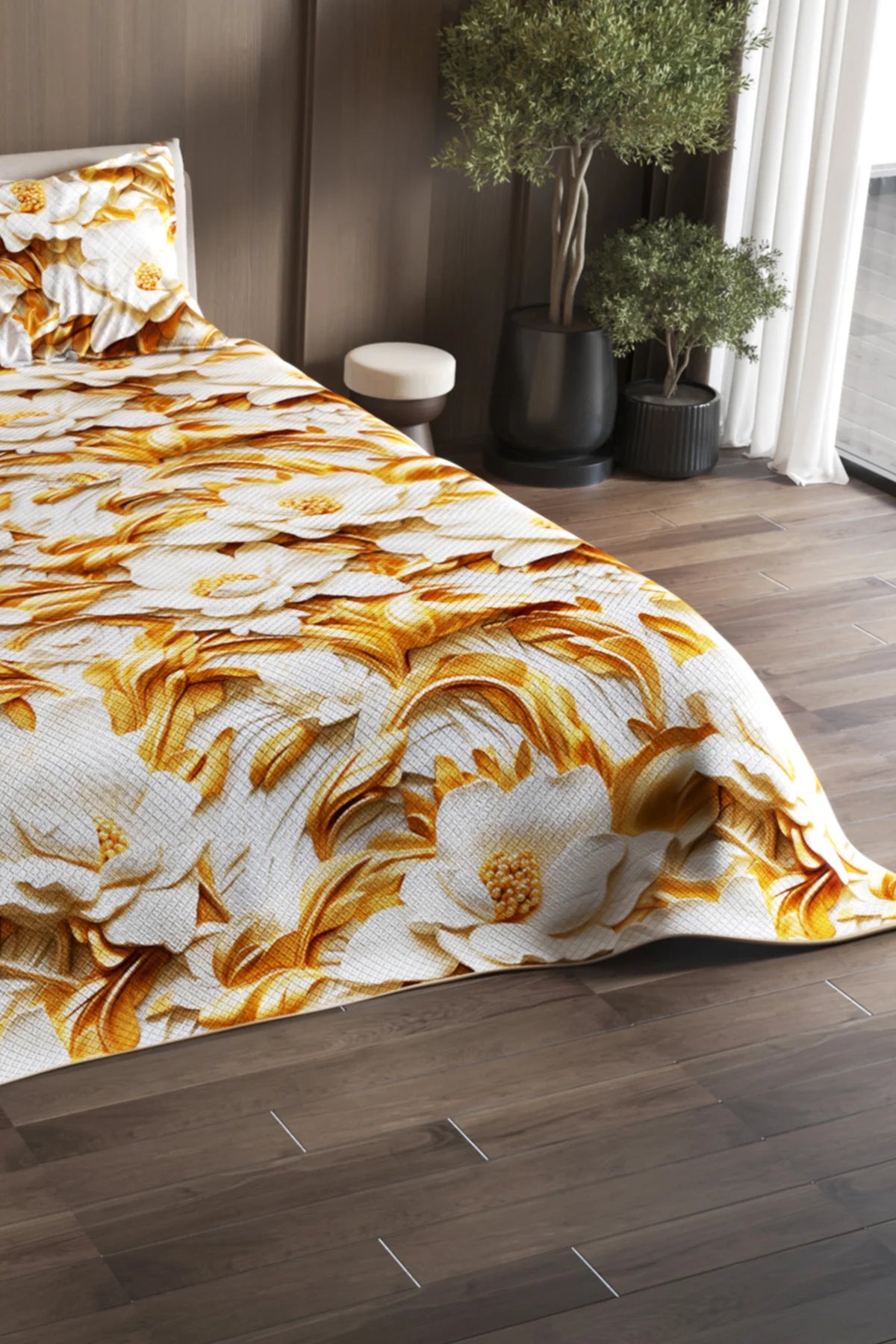 Pike Takımı Pamuklu Çift Kişilik Jakar Dokuma Yatak Örtüsü Gold