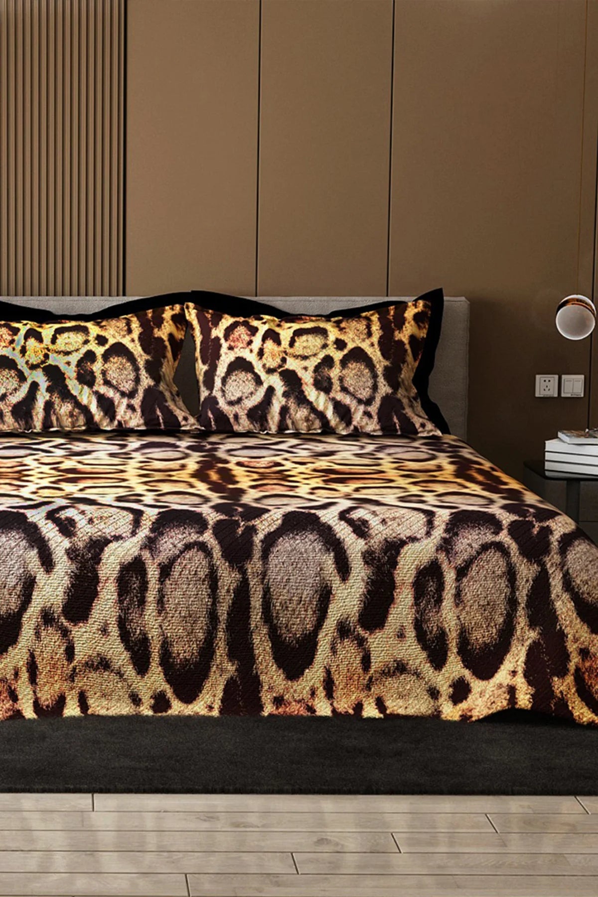 Pike Takımı Pamuklu Çift Kişilik Jakar Dokuma Yatak Örtüsü Gold Leopard