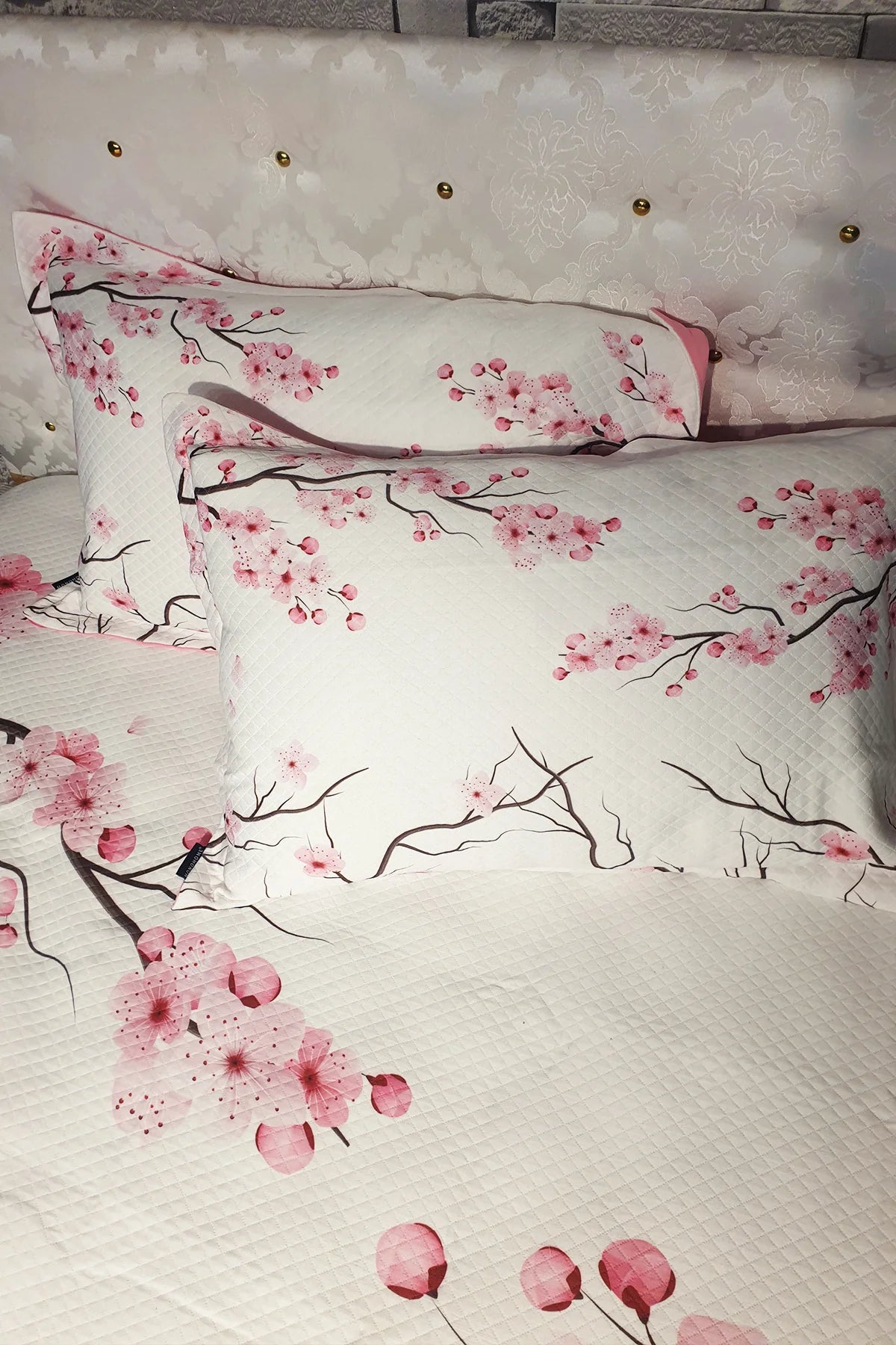 Pike Takımı Pamuklu Çift Kişilik Jakar Dokuma Yatak Örtüsü Kiraz Çiçeği