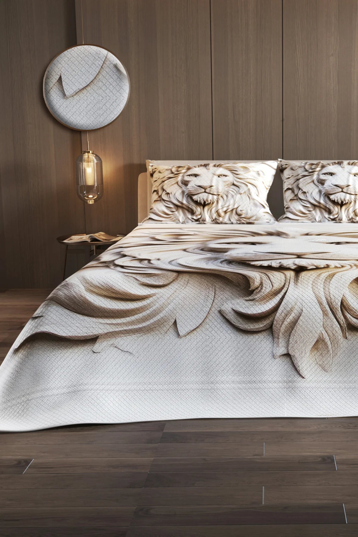 Pike Takımı Pamuklu Çift Kişilik Jakar Dokuma Yatak Örtüsü Lion