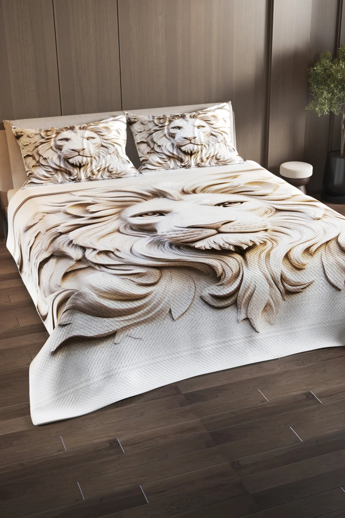 Pike Takımı Pamuklu Çift Kişilik Jakar Dokuma Yatak Örtüsü Lion