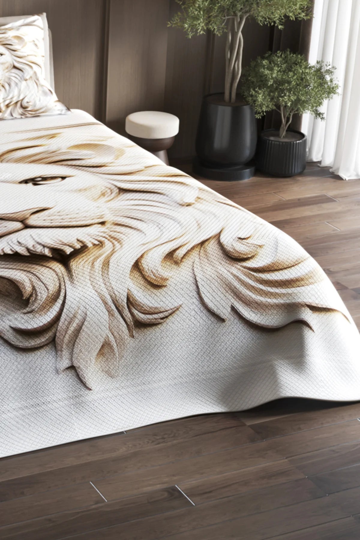 Pike Takımı Pamuklu Çift Kişilik Jakar Dokuma Yatak Örtüsü Lion