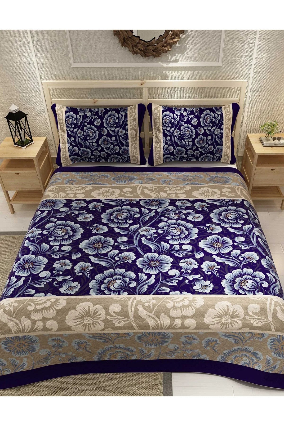 Pike Takımı Pamuklu Çift Kişilik Jakar Dokuma Yatak Örtüsü Mavi Sarmaşık