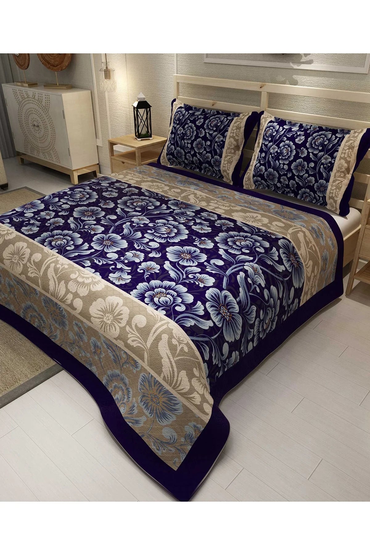 Pike Takımı Pamuklu Çift Kişilik Jakar Dokuma Yatak Örtüsü Mavi Sarmaşık