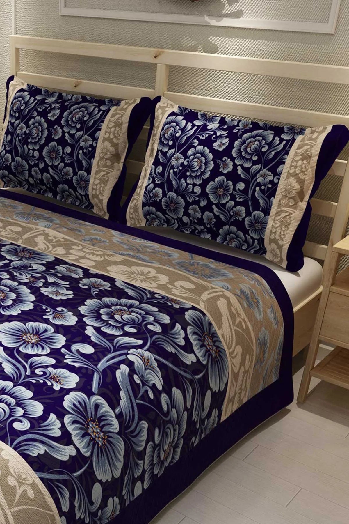 Pike Takımı Pamuklu Çift Kişilik Jakar Dokuma Yatak Örtüsü Mavi Sarmaşık