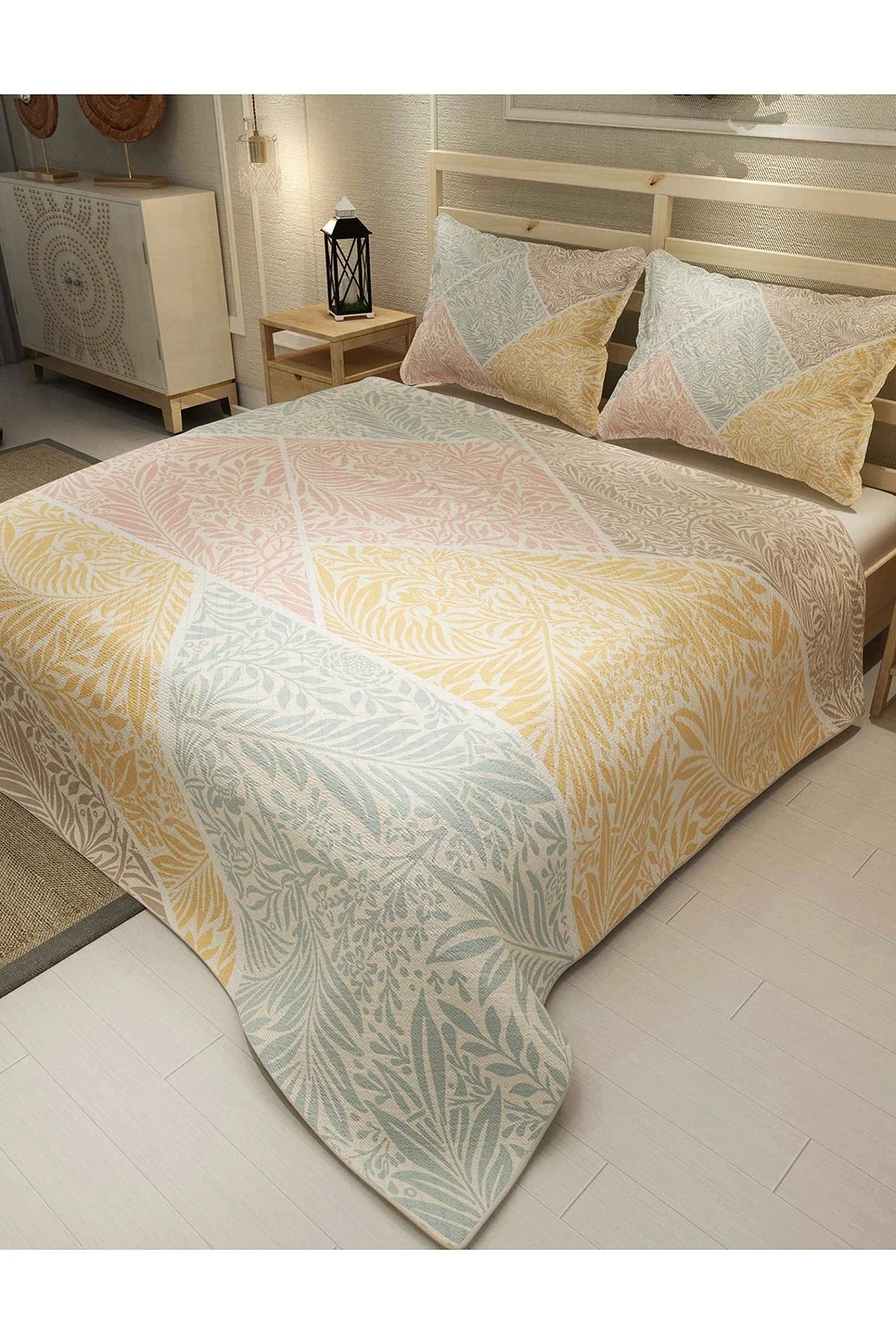 Pike Takımı Pamuklu Çift Kişilik Jakar Dokuma Yatak Örtüsü Mix Leaf