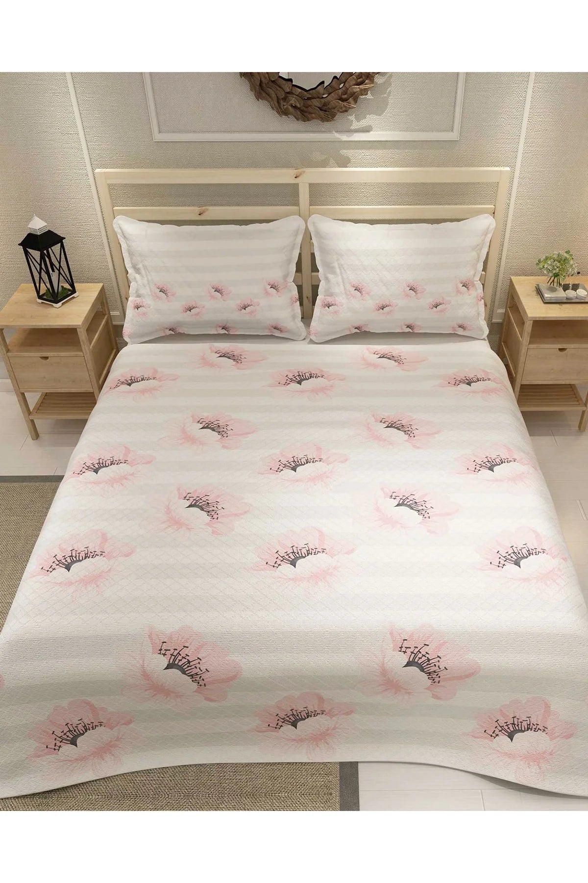Pike Takımı Pamuklu Çift Kişilik Jakar Dokuma Yatak Örtüsü Pink Poppy