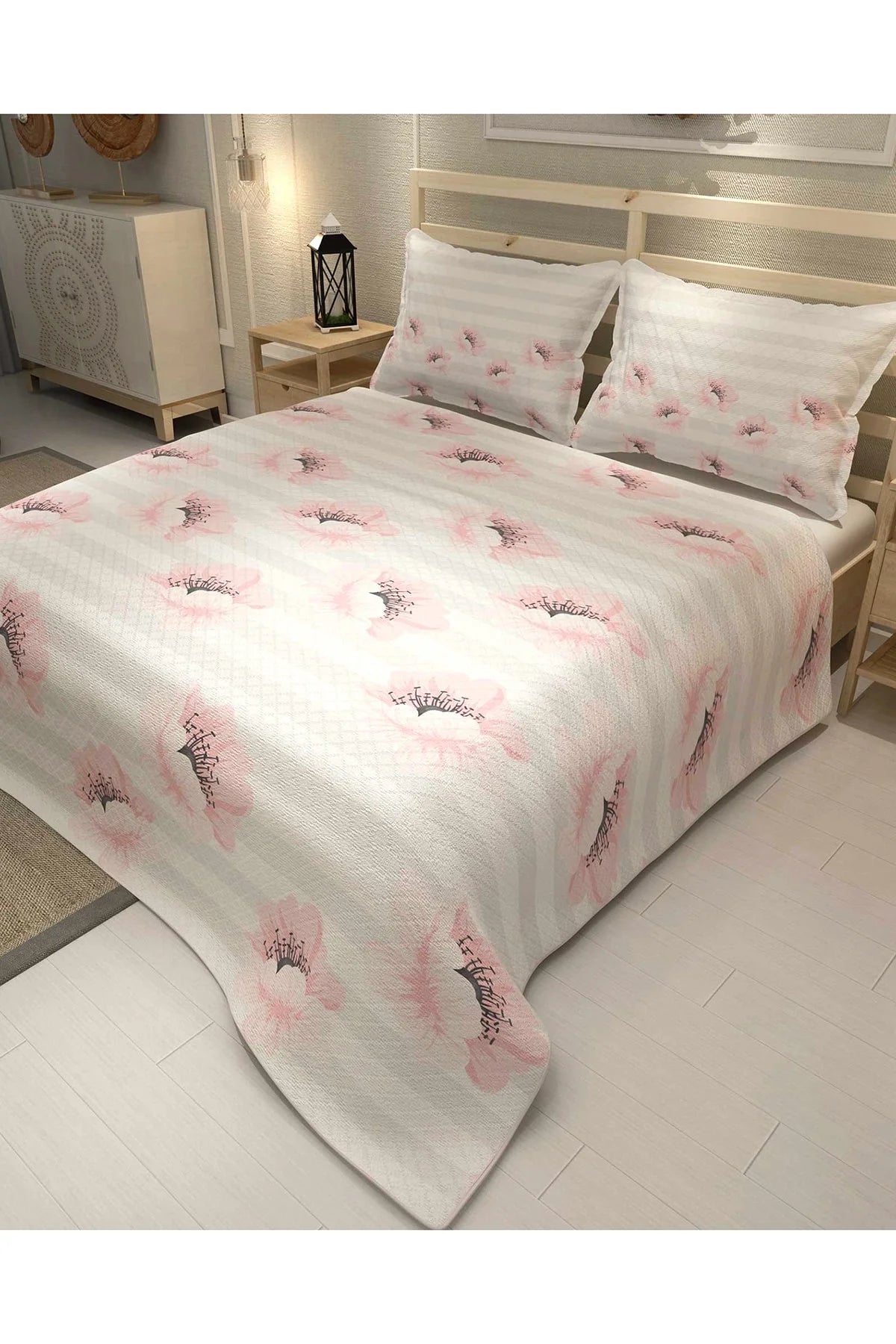 Pike Takımı Pamuklu Çift Kişilik Jakar Dokuma Yatak Örtüsü Pink Poppy