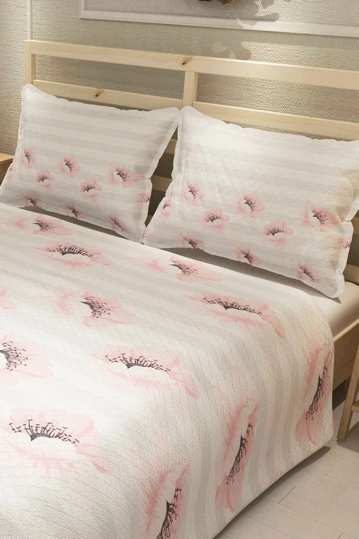 Pike Takımı Pamuklu Çift Kişilik Jakar Dokuma Yatak Örtüsü Pink Poppy