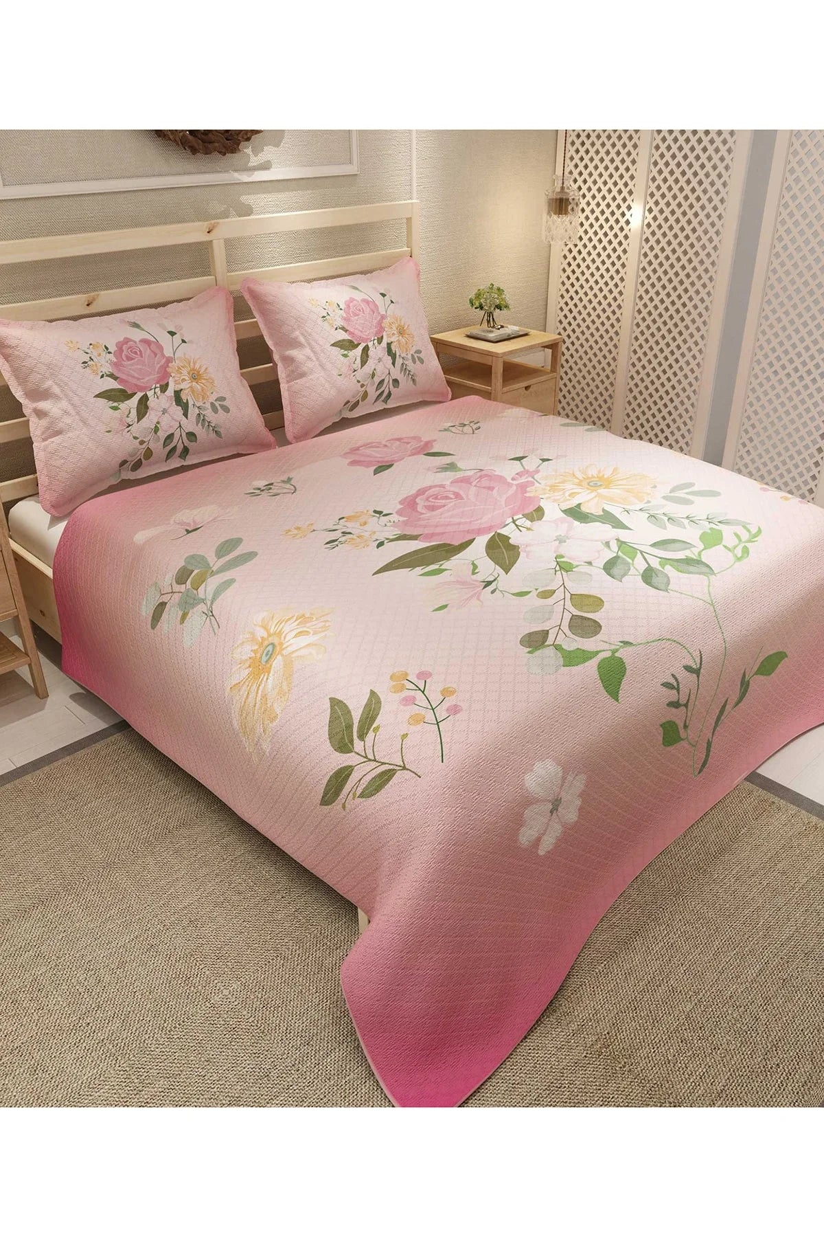 Pike Takımı Pamuklu Çift Kişilik Jakar Dokuma Yatak Örtüsü Pink Rose