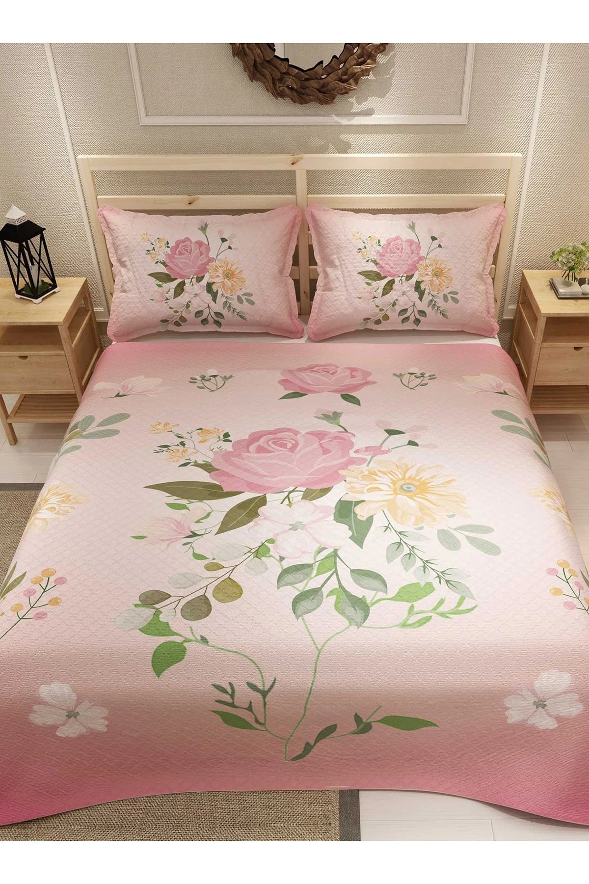 Pike Takımı Pamuklu Çift Kişilik Jakar Dokuma Yatak Örtüsü Pink Rose
