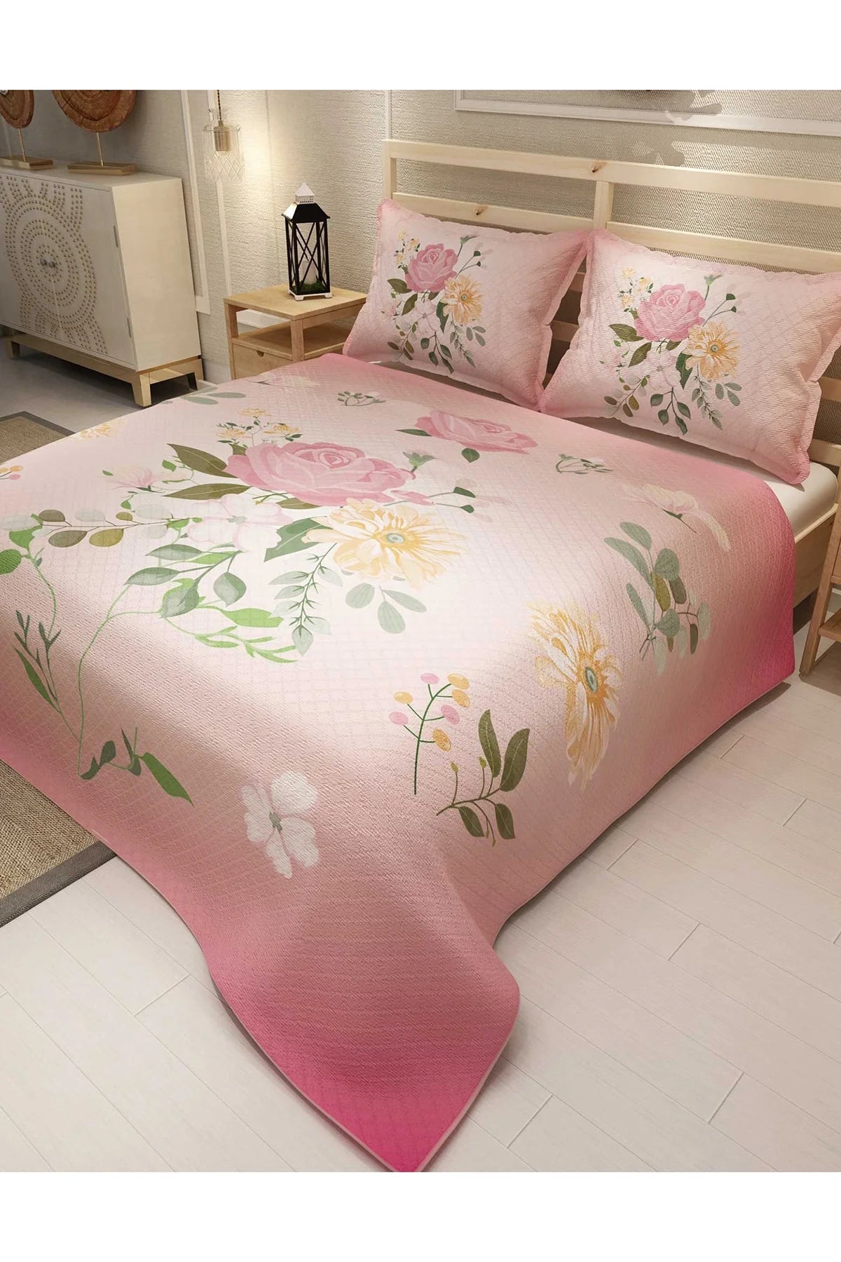 Pike Takımı Pamuklu Çift Kişilik Jakar Dokuma Yatak Örtüsü Pink Rose
