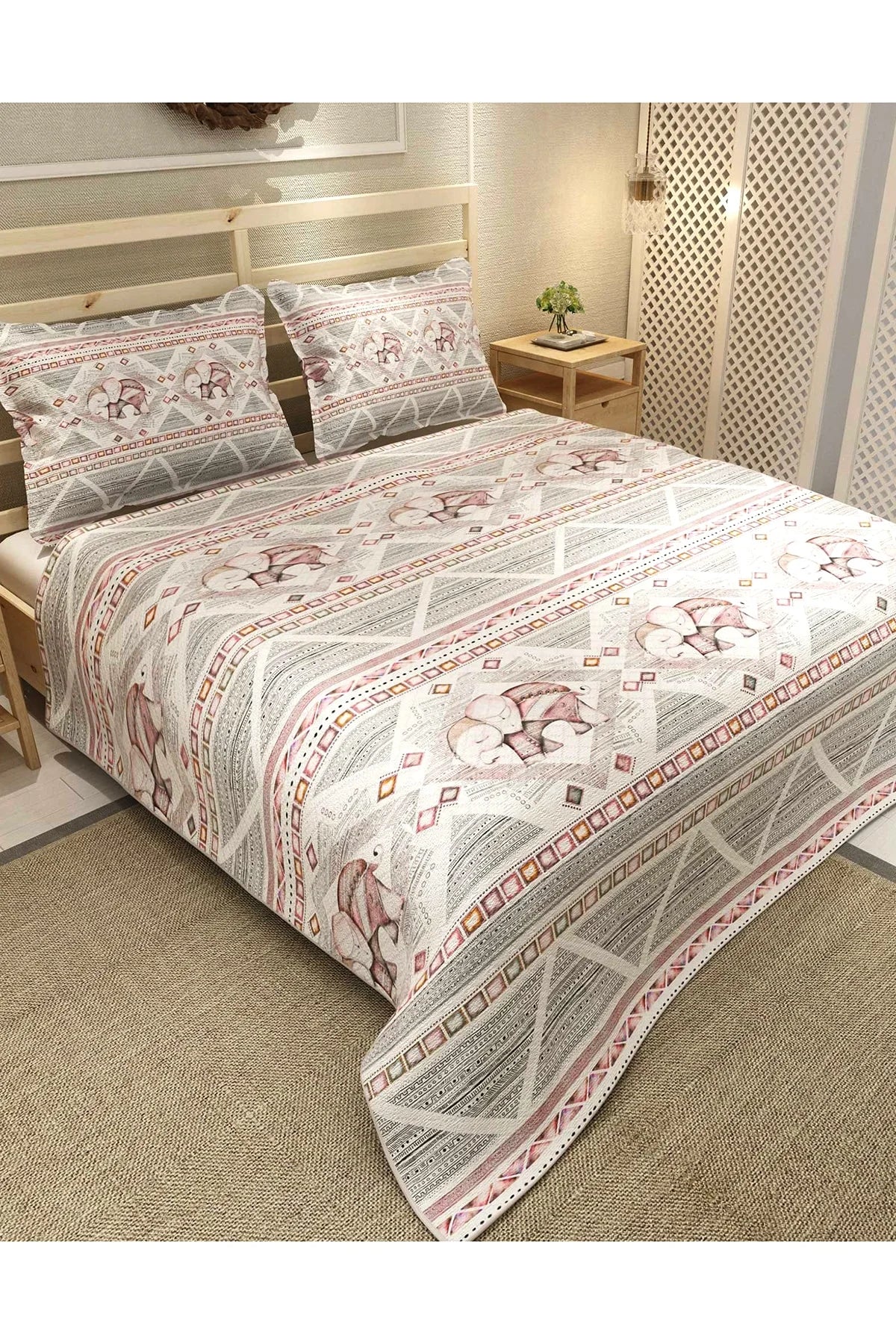 Pike Takımı Pamuklu Çift Kişilik Jakar Dokuma Yatak Örtüsü Pink Vintage Elephant