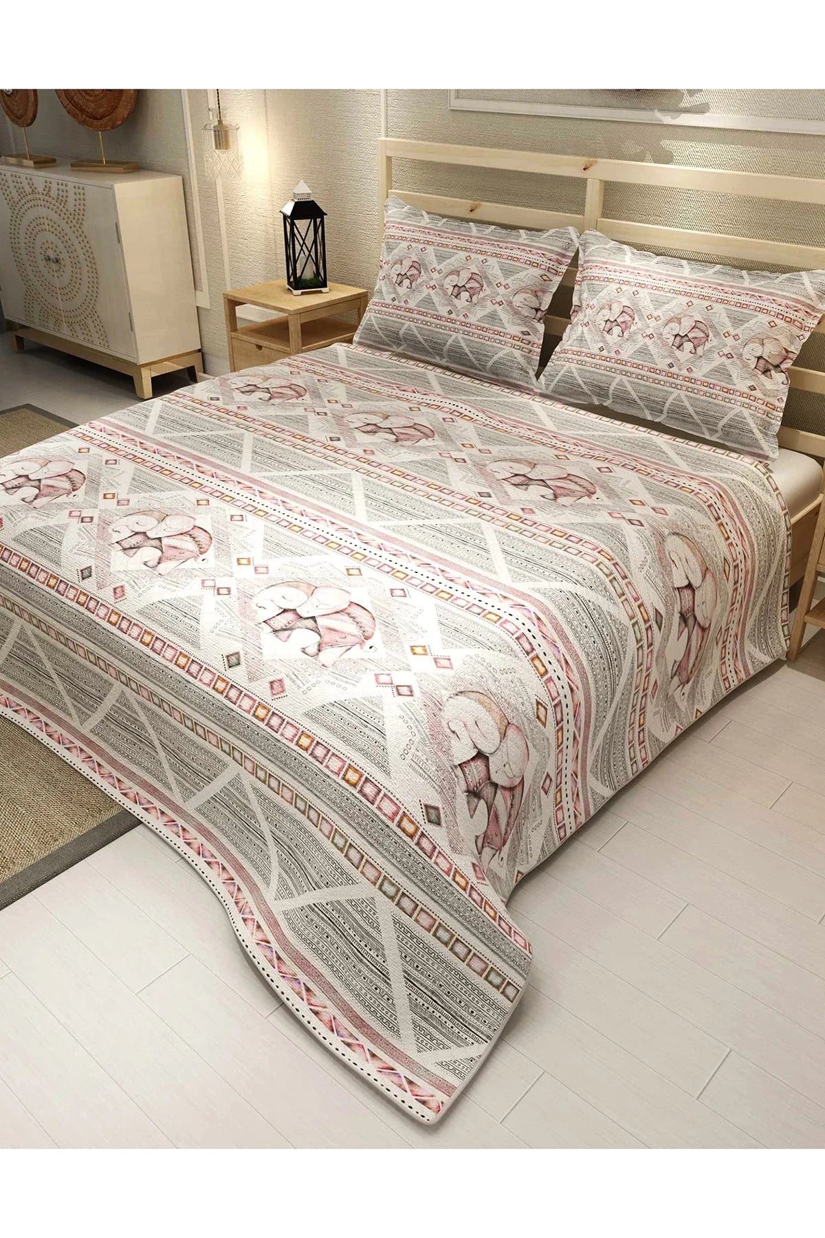 Pike Takımı Pamuklu Çift Kişilik Jakar Dokuma Yatak Örtüsü Pink Vintage Elephant