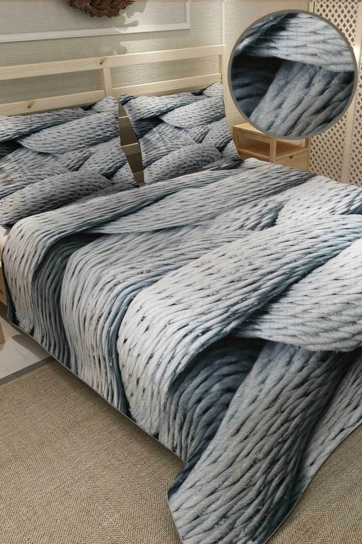 Pike Takımı Pamuklu Çift Kişilik Jakar Dokuma Yatak Örtüsü Rope Burgu