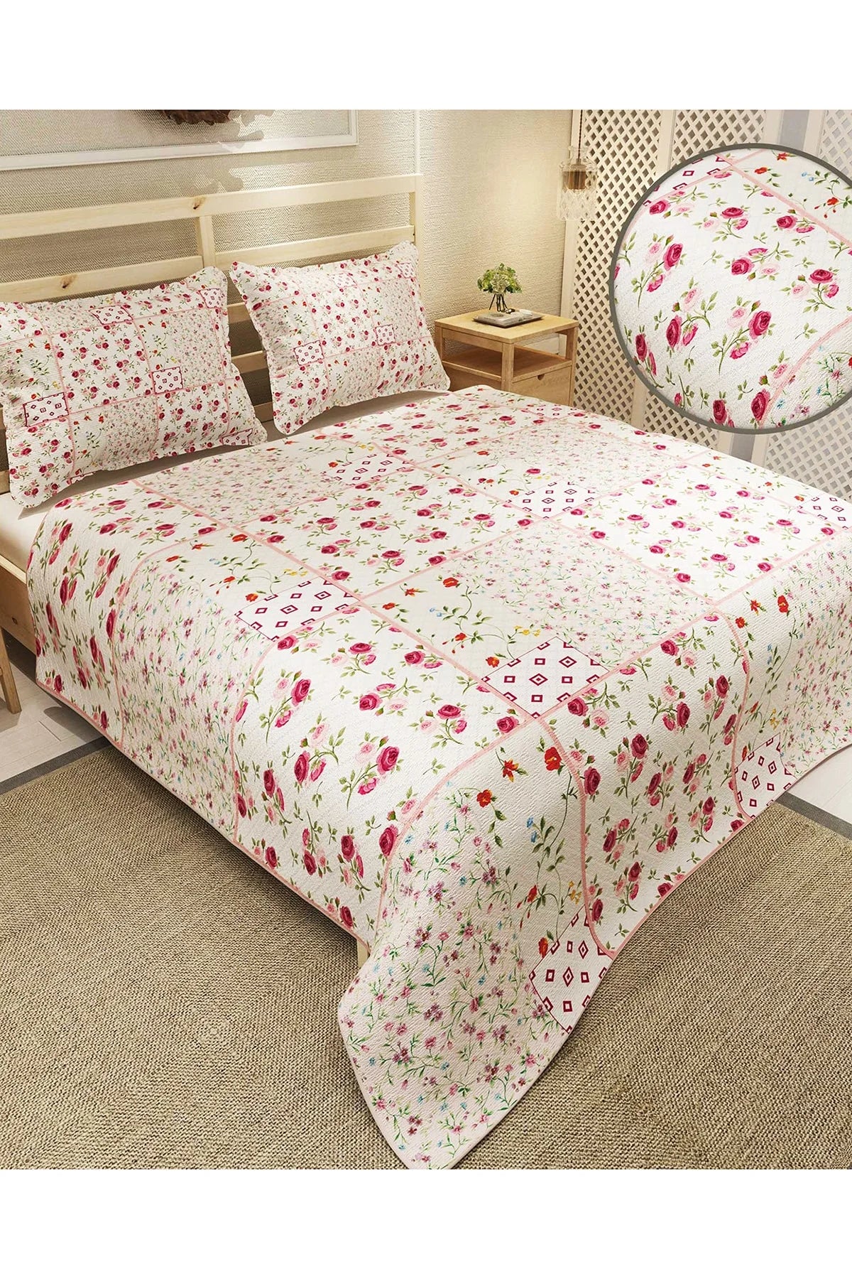 Pike Takımı Pamuklu Çift Kişilik Jakar Dokuma Yatak Örtüsü Rose Branch