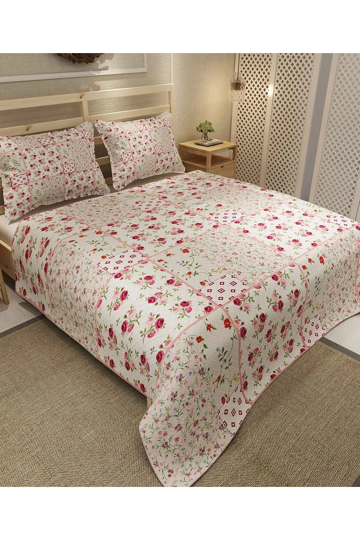 Pike Takımı Pamuklu Çift Kişilik Jakar Dokuma Yatak Örtüsü Rose Branch