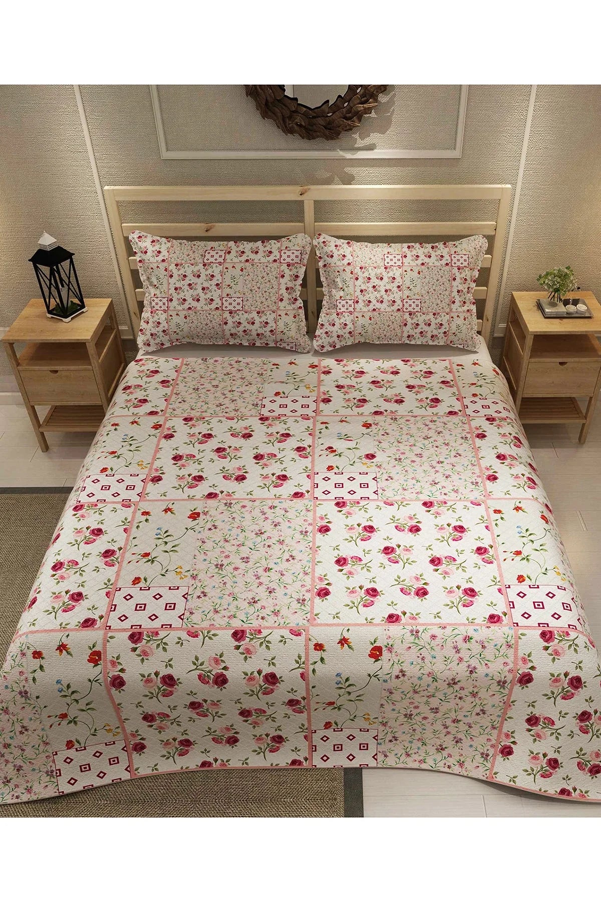 Pike Takımı Pamuklu Çift Kişilik Jakar Dokuma Yatak Örtüsü Rose Branch