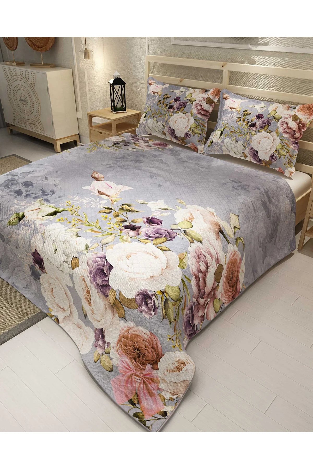 Pike Takımı Pamuklu Çift Kişilik Jakar Dokuma Yatak Örtüsü Rose Garden
